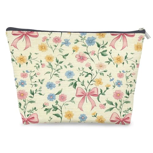 Coquette Floral Makeup Bag Pastel Pink Bow Cosmetic Pouch