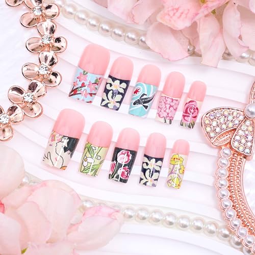 French Tip Long Square Press on Nails with Spring Flower Design
