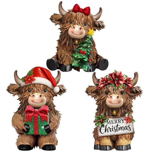 3 Pcs Christmas Highland Cow Figurine Decor - Resin Christmas Decorations, Highland Cow Set - Christmas Variation