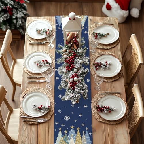 Christmas Table Runner 13x36 Inch Blue Xmas Trees Snowflakes Holiday Decor