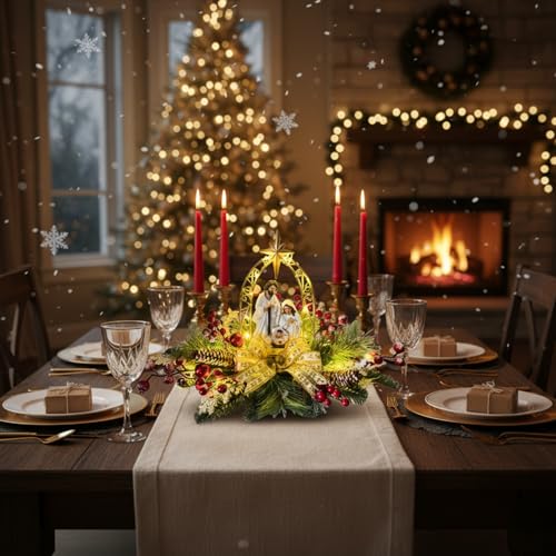 Lighted Nativity Scene Christmas Decor with Timer and Gold Bow, 20 Inches