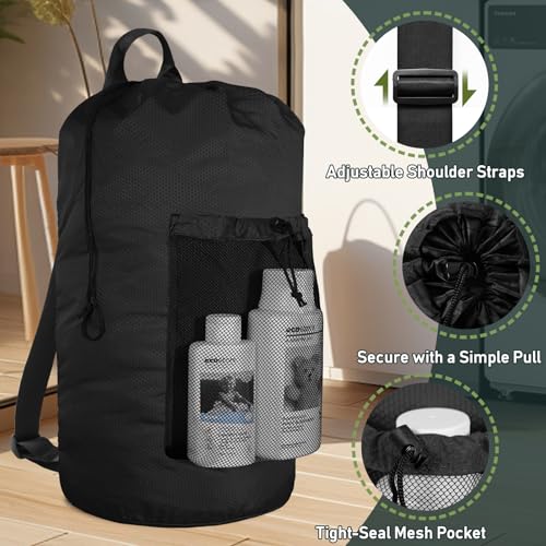 Large Backpack Laundry Bag with Shoulder Straps - Durable Polyester Hamper for College & Travel (Black)