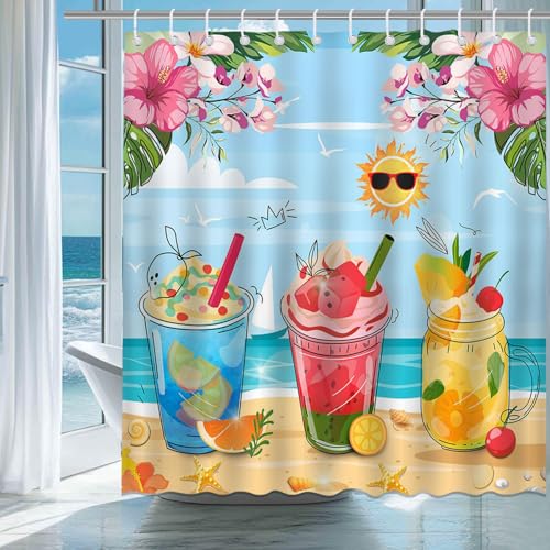 Mocsicka Summer Shower Curtain - Colorful Tropical Beach Design, 72x72 Inch with Hooks