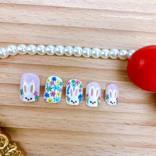 Easter Press on Nails Short Square False Nails with Cute Rabbit Flower
