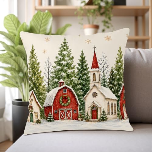 Xmas Snowy Village Christmas Pillow Covers 18x18 Set of 2 - Holiday Decor