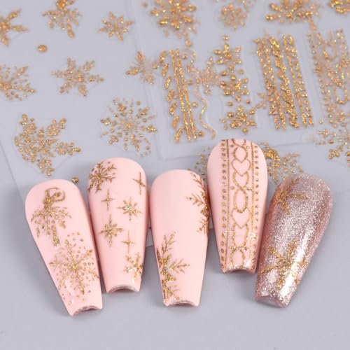 Snowflake Nail Art Stickers, Winter Decals 3D Self-Adhesive Gold