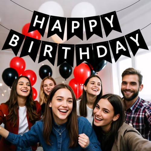Black Happy Birthday Banner Sign with Personalized Name - Party Decorations