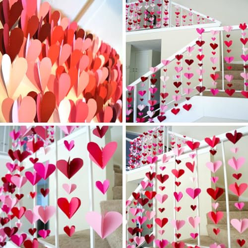 3D Heart Garland for Valentine's Day - 32 pcs Red & Pink Decor