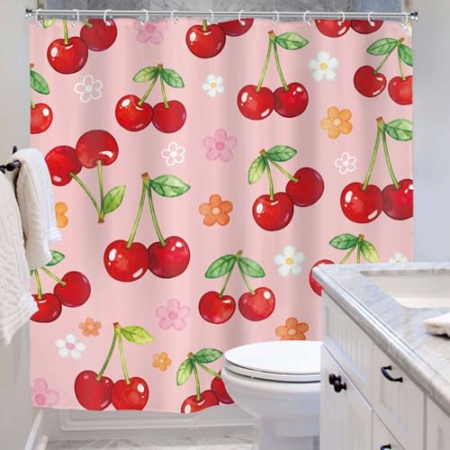 Riyidecor Cherry Floral Shower Curtain, Pink Kawaii Bathroom Decor, 72x72 Inch