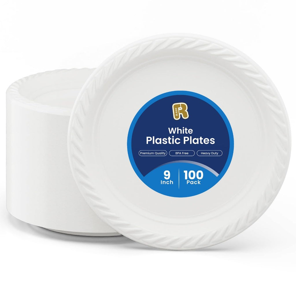 R-kay 100 Pack 9 Inch Plastic Plates Disposable - Heavy Duty 9 Inch White Disposable Plates - Microwavable Disposable Plastic Plates
