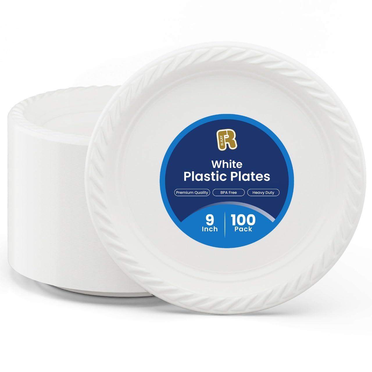 R-kay 100 Pack 9 Inch Plastic Plates Disposable - Heavy Duty 9 Inch White Disposable Plates - Microwavable Disposable Plastic Plates