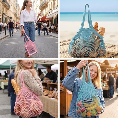 Mabor Mesh Tote Bag Set - Reusable Cotton Grocery Bags, Light Blue & Soft Pink