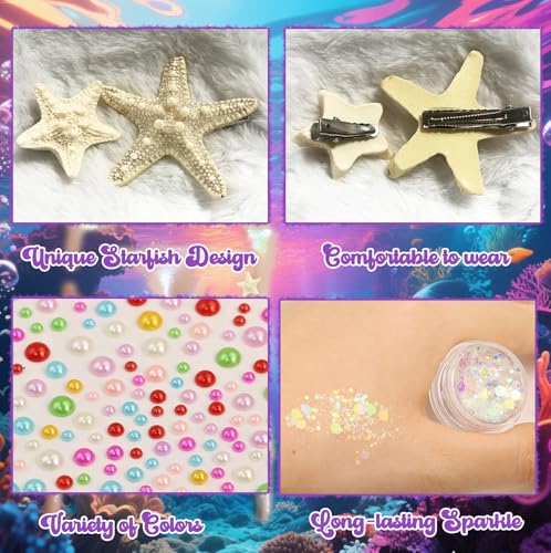 Mermaid Costume Accessories Set with Starfish Hair Clips and Face Glitter