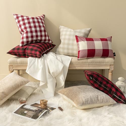Christmas Gingham Buffalo Plaid Throw Pillow Covers Set of 2 - Red, 18x18 Inches