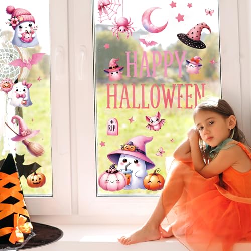 Whaline Halloween Window Clings - 9 Sheets Pink Ghost & Bat Decor