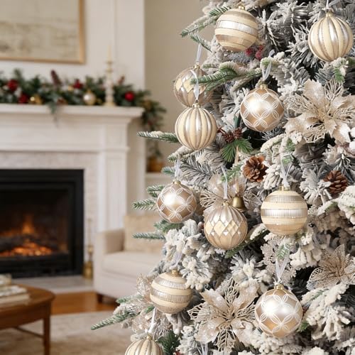 Velvet Christmas Ornaments 12Pcs - Champagne Gold & Cream Flocked Shatterproof Decorations