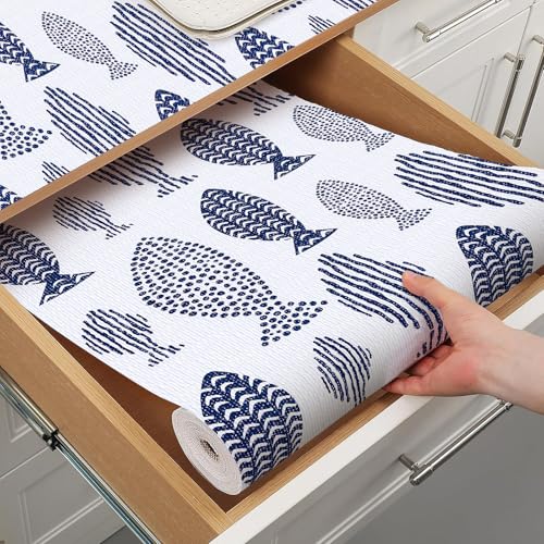 Terravue Non-Slip Shelf Liner - Blue Fish Pattern, 11.8" x 118.1"