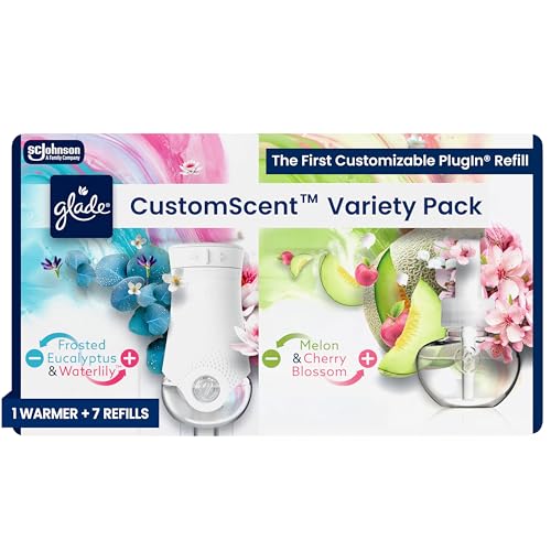 Glade PlugIns CustomScent Oil Warmer Kit with 1 Eucalyptus & Waterlily, 2 Refills + 5 Melon & Cherry Blossom Refills, 4.69 Fl Oz