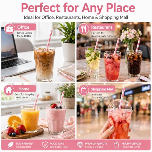 Haundry Pink Striped Paper Straws - 100 Count Biodegradable Party Straws