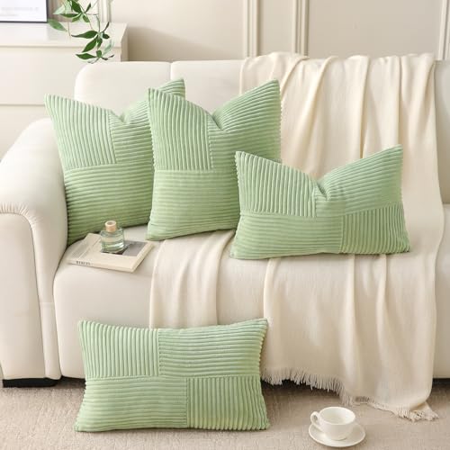 Sage Green Corduroy Lumbar Throw Pillow Cover, 14x24 Inch Textured Cushion