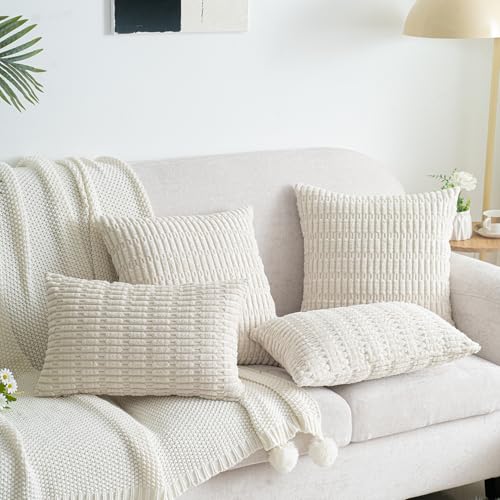 Cream White Corduroy Lumbar Pillow Covers 12x20 - Set of 2