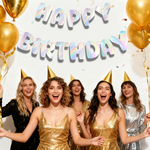 Elantales Holographic Rainbow Happy Birthday Banner Pre-Strung Sign