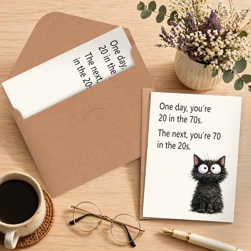 Funny 70th Birthday Card - Whimsical Black Cat Design, 5x7 Inch Greeting