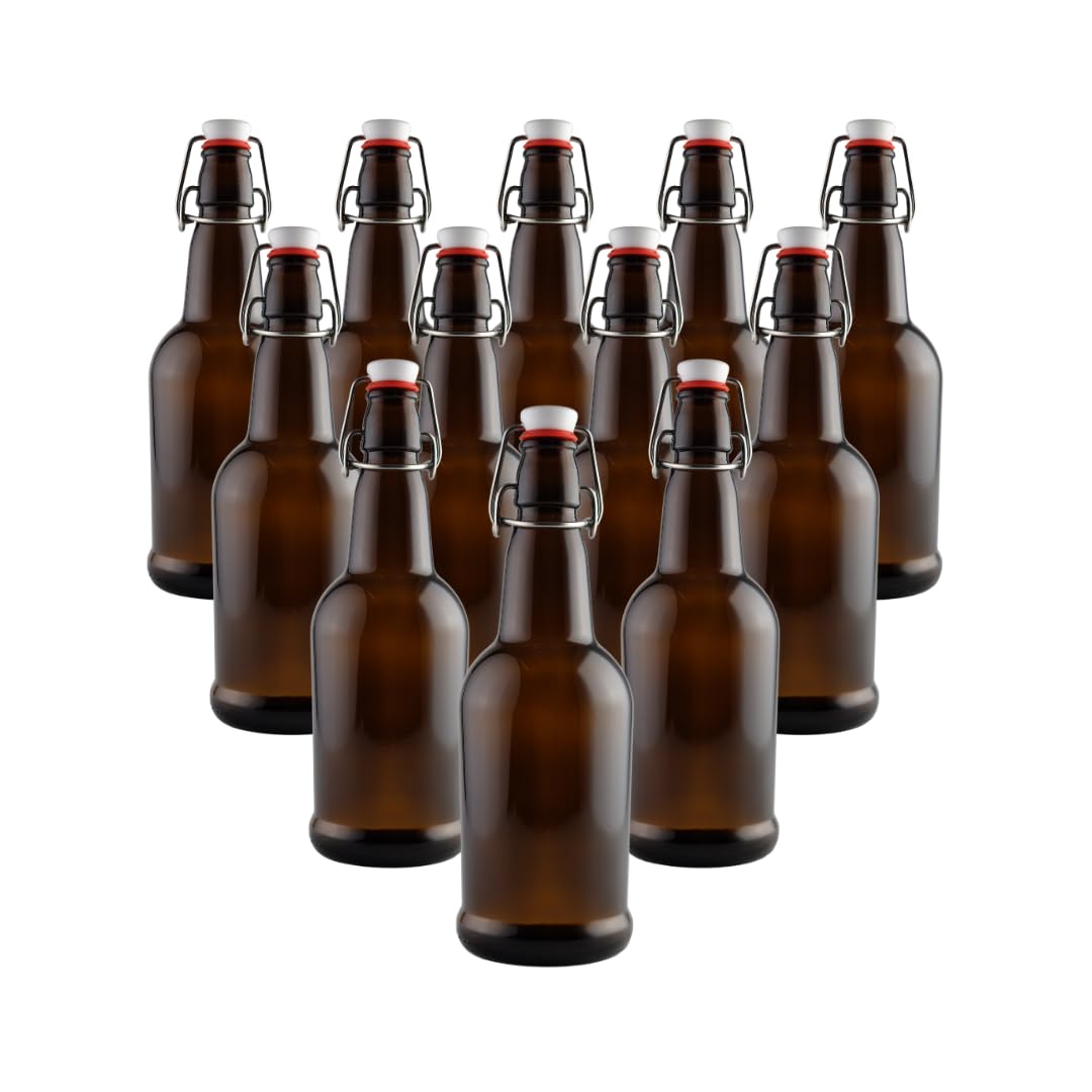 FastRack Swing Top Glass Bottles 33 oz – Pack of 12 | Amber Flip Top Glass Bottles with Airtight Lids | Resealable Grolsch-Style Fermentation Bottles for Kombucha, Beer, Mead, Soda, Vinegar & Water