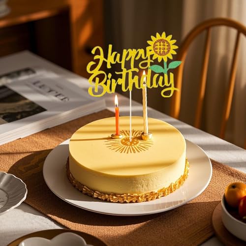 Sunflower Happy Birthday Cake Topper - Gold Glitter Decor