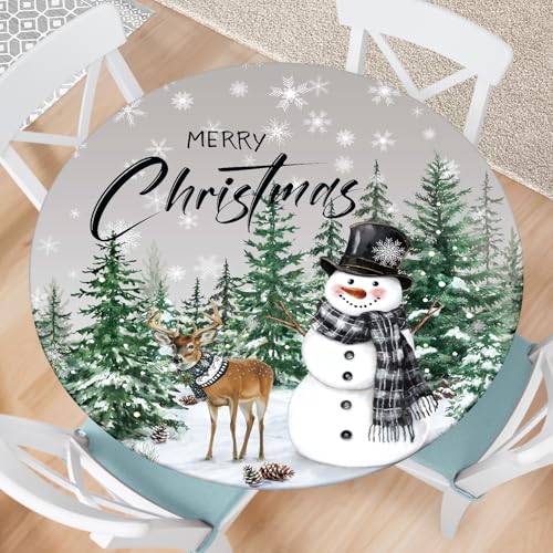 Christmas Fitted Round Tablecloth with Elastic Snowmen & Green Trees - Waterproof 44 Inch, Outdoor Holiday Decor - Variation: Green / 44"