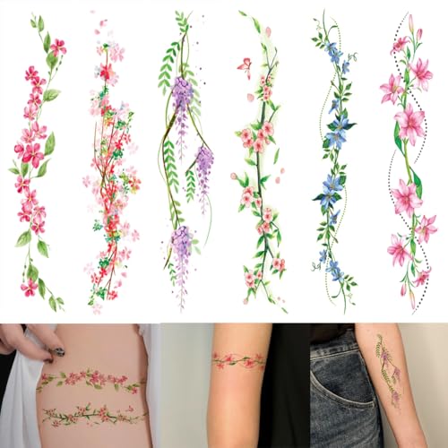 Watercolor Flower Temporary Tattoos - 6 Sheets Waterproof Floral Body Art