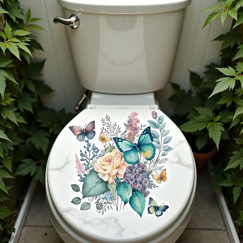 Colorful Butterfly & Peony Toilet Seat Lid Decals Waterproof Wall Stickers