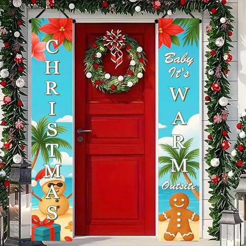 Tropical Christmas Porch Banners - Beach Snowman & Gingerbread Man