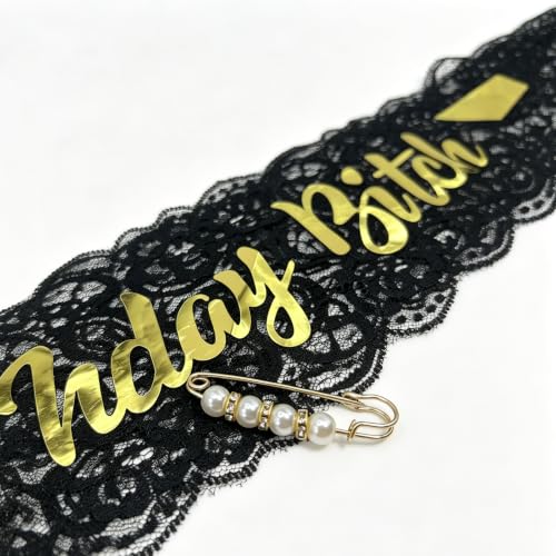 Black 'Birthday Bitch' Lace Sash with Pearl Pin for Women