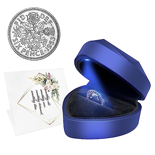 Vintage Sixpence Wedding Coin in Lighted Gift Box - Something Blue Bride Gift