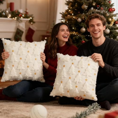 Christmas Pillow Covers Set of 2, 20" x 20" Cream White Soft Plush Faux Fur