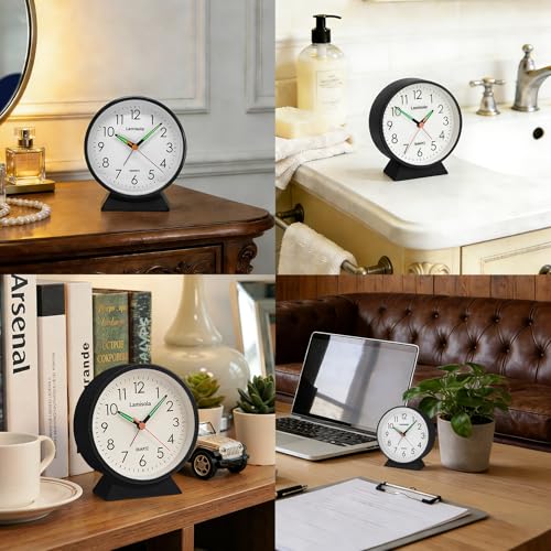 4.5 Inch Black Silent Analog Alarm Clock with Night Light