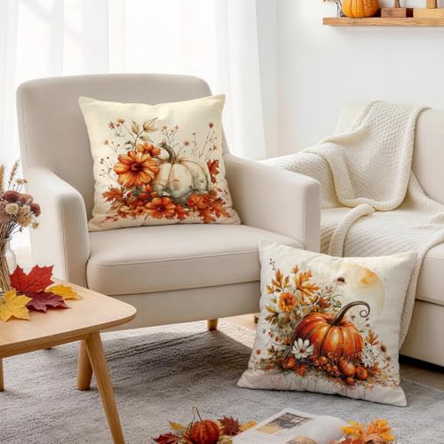 Fall Pillow Covers Set of 4 - 18x18 Inch Pumpkin & Leaves Design