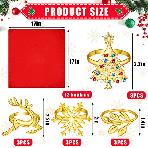 Christmas Cloth Napkins with Gold Elk & Snowflake Rings Set - Holiday Table Decor