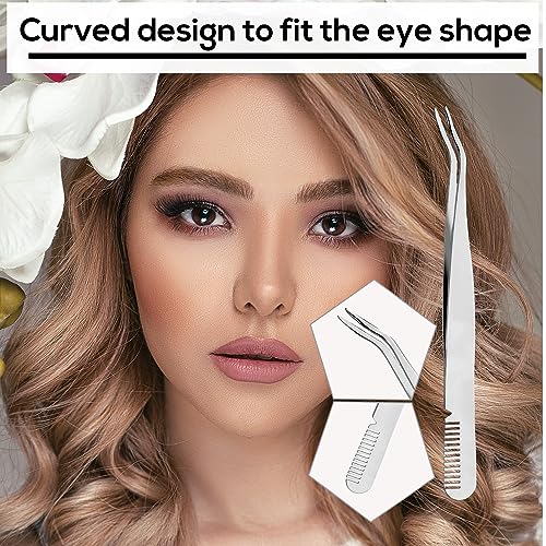 BOXOB 3-Piece Stainless Steel Eyelash Tweezers and Comb Set for Extensions