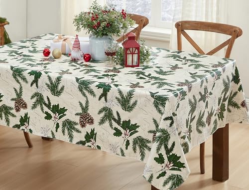 Newbridge Christmas Joyful Holly Vinyl Tablecloth 60 x 102 Inch Rectangular Holiday Decor - Flannel Backing