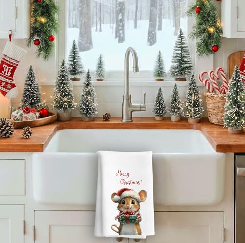 Christmas Mouse Kitchen Towel White - Soft Absorbent Holiday Hand Towel 16x24 Inches