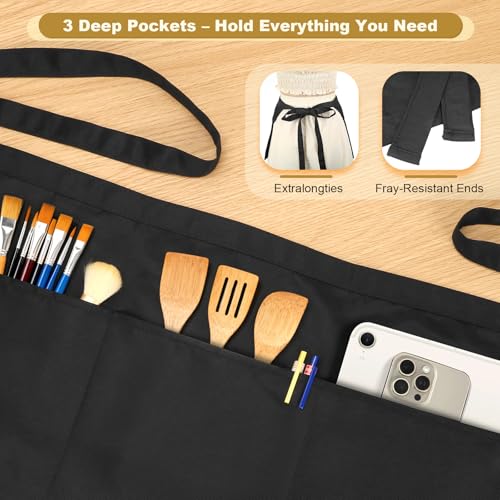 2-Pack Adjustable Black Server Aprons with 3 Pockets