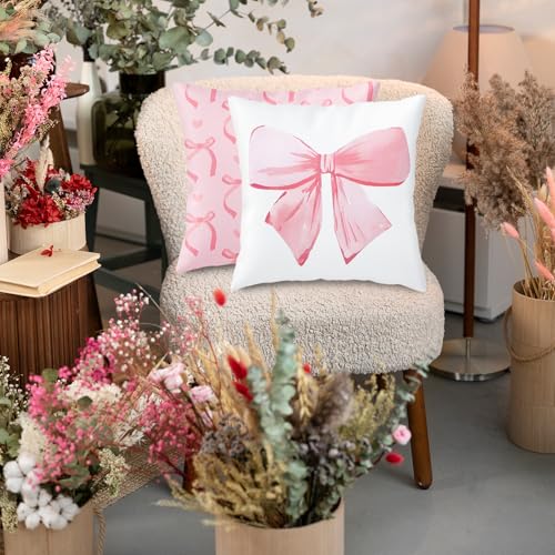 Pink Bow Pillow Covers Set - 2 Decorative 18x18 Cushion Cases