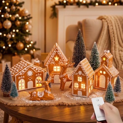 Christmas Village Ceramic Set with Gingerbread Houses & Mini Trees