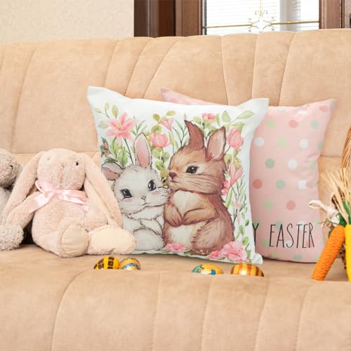 YUJUN Easter Pillow Covers - 18x18in Rabbit & Flower Design, 4 Pack