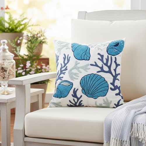 Coastal Decor Pillow Cover – 18x18 Inch Embroidered Coral & Seashell