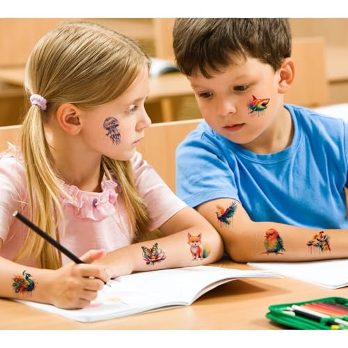 Watercolor Animals Temporary Tattoos for Kids - 10 Sheets Waterproof Body Art