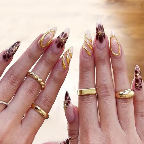 Brown Flower Press on Nails Medium Almond Fake Nails with Gold Design