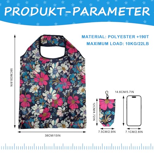 Reusable Grocery Bags - 6 Eco-Friendly Foldable Tote Bags with Flower Patterns